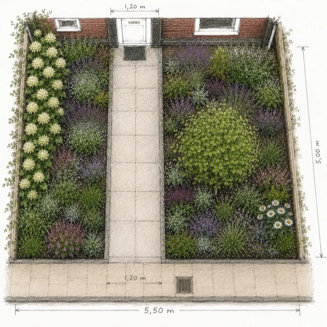 Tuinontwerp op schaal van een voortuin met pad en gemengde borders